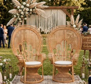 Mise en situation d'un duo de fauteuils Emmanuelle en rotin pour une cérémonie de mariage bohème, avec arche en bois, macramé et fleurs de pampa.
