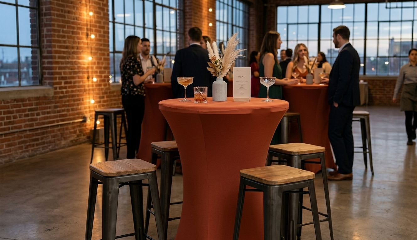 Mise en situation de tabourets métalliques hauts noirs avec assise en bois (style industriel) autour d'un mange-debout recouvert d'une housse terracotta lors d'un cocktail événementiel dans un loft.