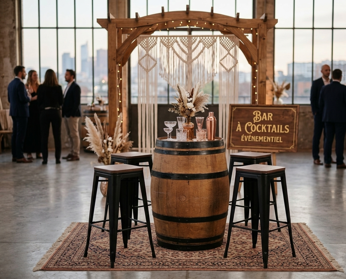 Mise en situation de tabourets métalliques hauts noirs avec assise en bois (style industriel) autour d'un mange-debout recouvert d'une housse terracotta lors d'un cocktail événementiel dans un loft.