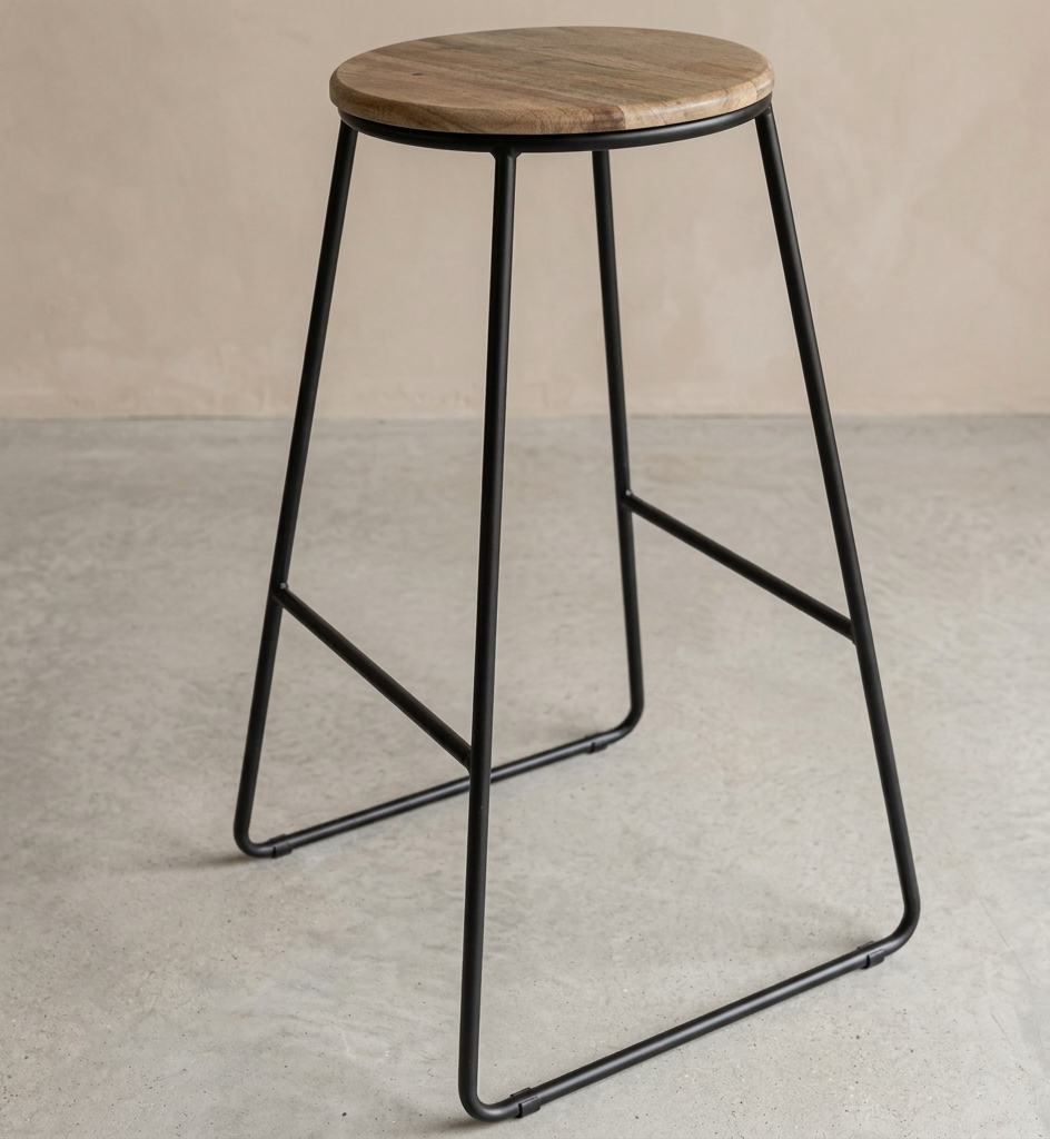 Location de tabouret métallique haut industriel robuste avec assise en bois, style brut pour mange debout ou tonneau mange debout.