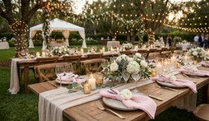 Mise en situation de serviettes en gaze de coton rose pâle texturées (42x42cm) lors d'un dîner de mariage bohème chic en extérieur, sous des guirlandes lumineuses.