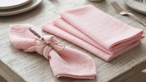 Location de serviette en gaze de coton rose pâle texturée (42x42cm) pour décoration de table de mariage bohème chic.