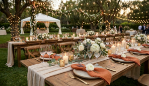 Mise en situation de serviettes en gaze de coton terracotta texturées (42x42cm) lors d'un dîner de mariage bohème chic en extérieur, sous des guirlandes lumineuses.