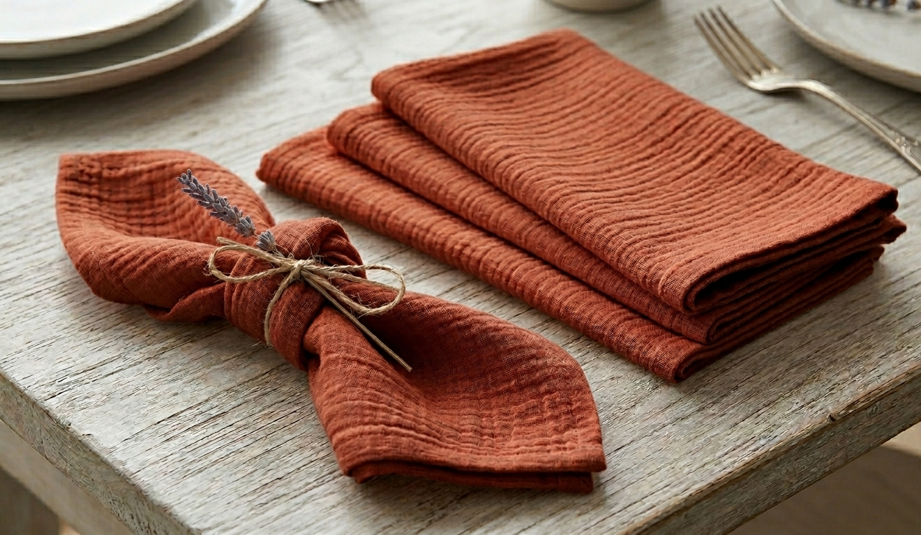 Location de serviette en gaze de coton terracotta texturée, couleur riche et profonde, pliage rustique avec lavande.